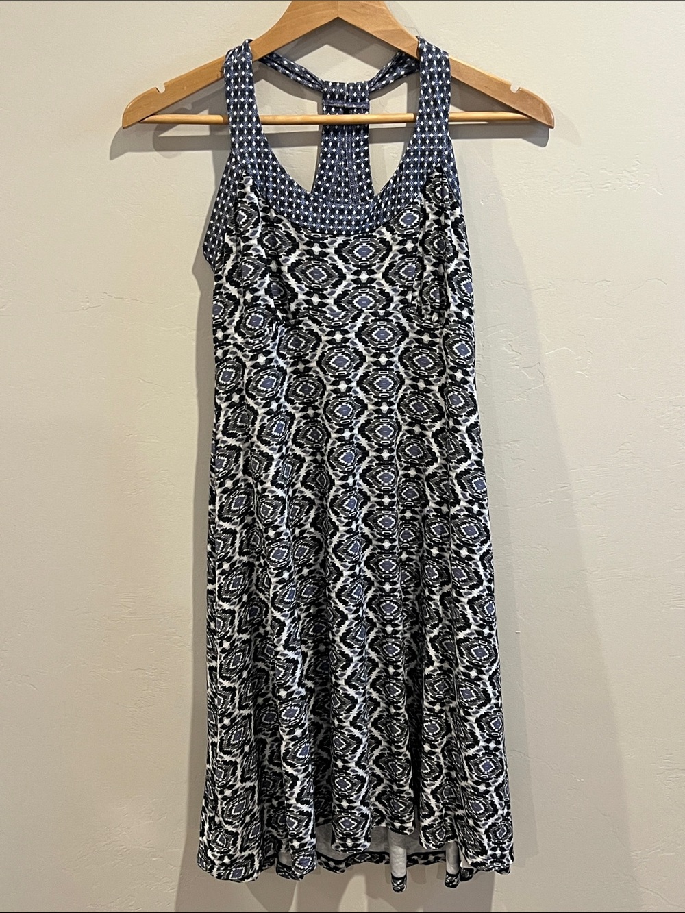 Prana Black, Blue and White Patterned Midi Dress